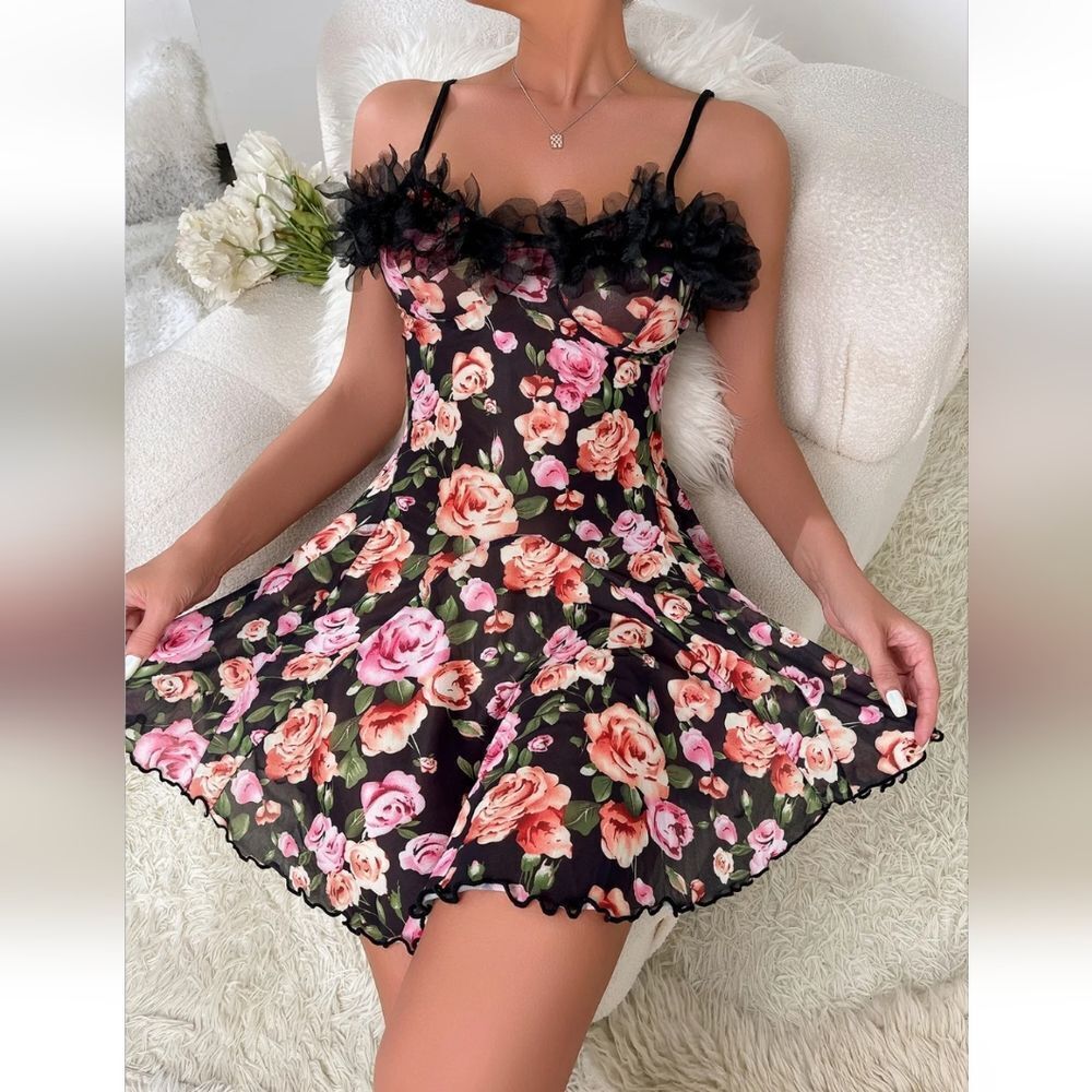 Women Sexy-Lingerie Sleepwear Lace Printing Chemise Full Slip Babydoll Nightwear